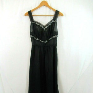 Vintage 1950s Pandora Lingerie Black Sheer Nightgown, Rhinestones, Embroidered