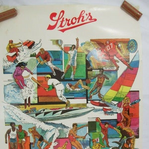 Cartel publicitario vintage de cerveza Stroh's, amantes del deporte