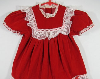 Vintage 80s Red Velvet Christmas Dress, Toddler Girl Size 4, Lace, Bows, Hugs & Kisses