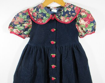 Vintage Jo Lene Blue Velvet Dress w/Rosettes, Girl's Size 6X, 80s