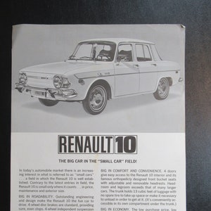 May include: A black and white photo of a Renault 10 car. The car is parked on a white surface. The text "Renault 10" is in large, bold letters at the top of the image. The text "The Big Car in the "Small Car" Field!" is below the car. The text "Road Love Renault" is at the bottom of the image.