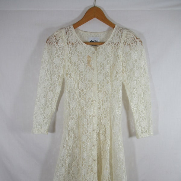 Vintage 90s Lace-Up Sheer Lace Dress, Girls Size 10, Ivory