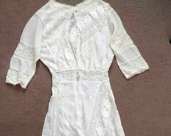 Antique Edwardian White Lace Embroidered Wedding Lawn Tea Dress Early 1900s