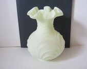 Fenton Lime Green Satin Glass Fluted Vase, Vintage c. 1950s 1960s