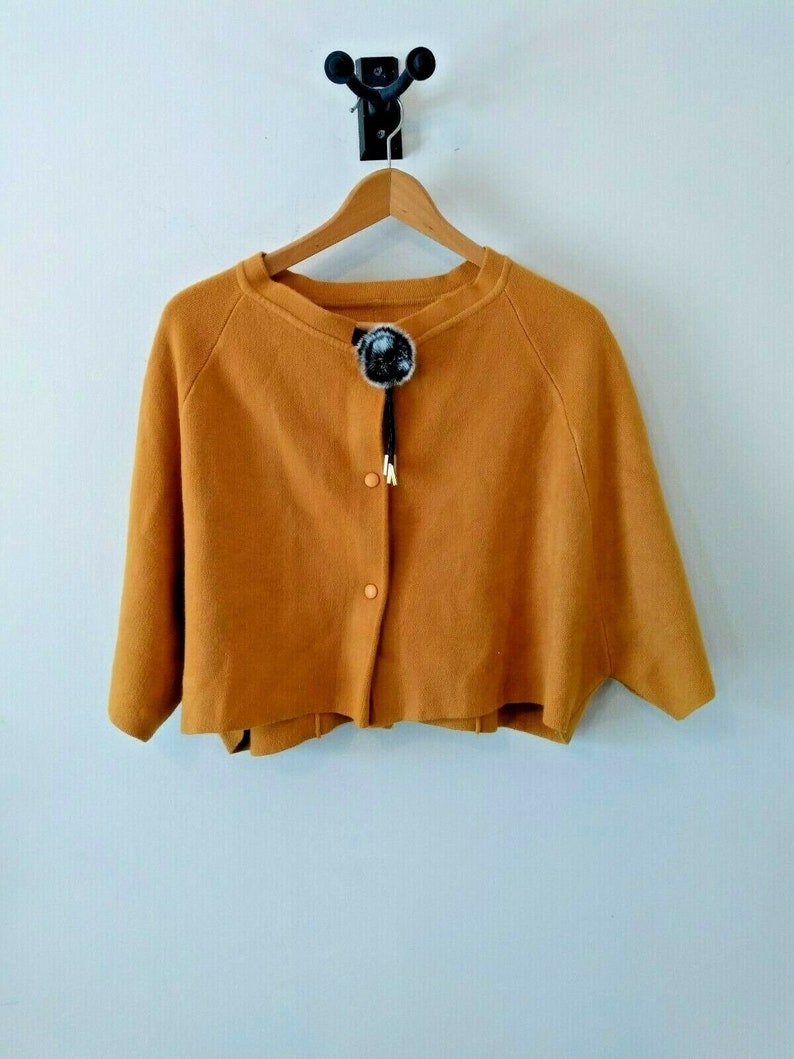 Faux Fur Pin Accent Vintage Gold Mustard Crop Dolman Sleeve Cardigan Sweater