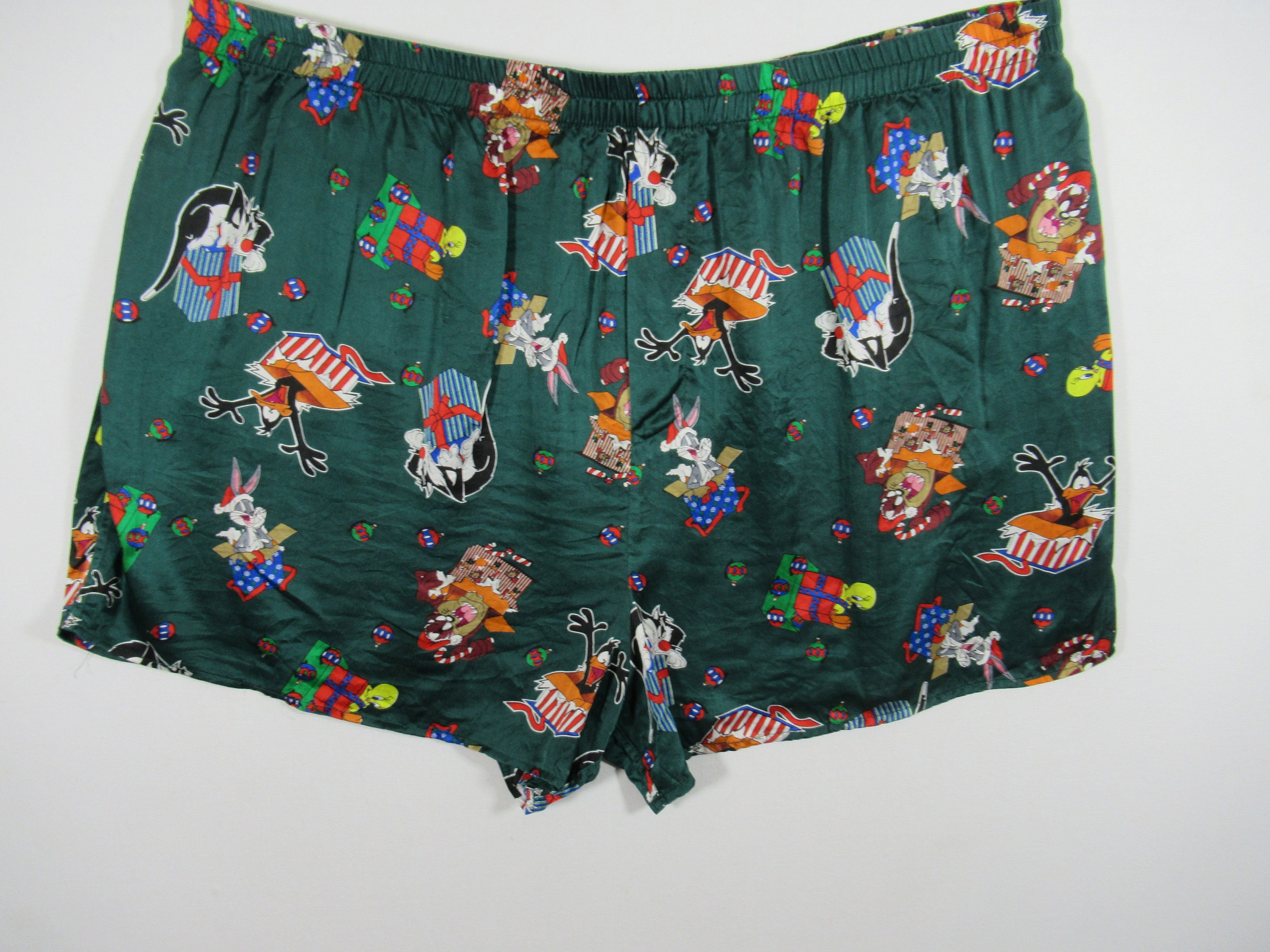 Vintage 90s Looney Tunes Christmas Silk Boxer Shorts, Size XXL, Green,  Sylvester the Cat, Tweety Bird, Taz, Bugs Bunny 
