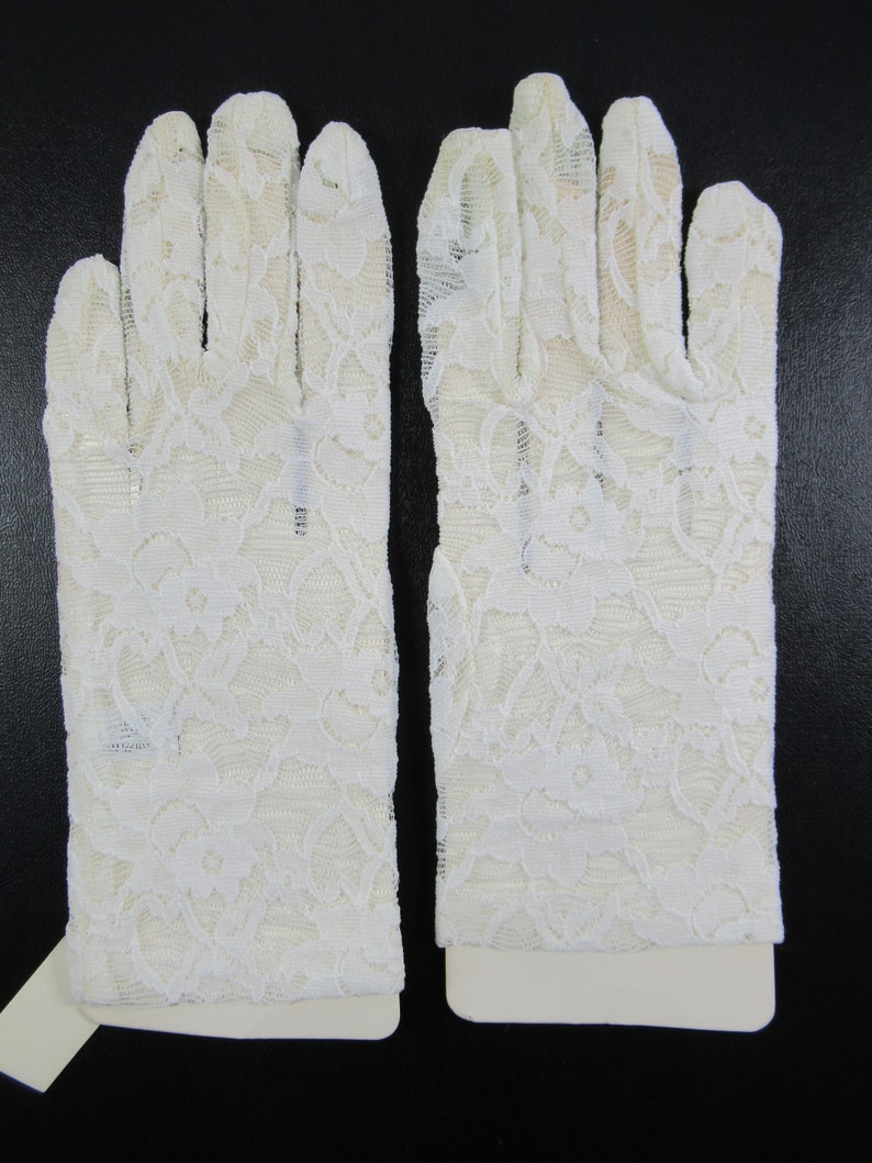 Vintage White Lace Sheer Womens Wrist Gloves, Bridal, Wedding, Sexy, Dressy, Nylon afbeelding 2