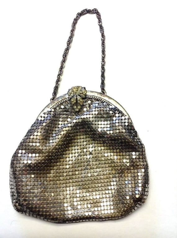 Vintage Whiting Davis Metal Mesh Evening Purse 1920s Flapper Handbag Excellent Condition Blue Jeweled Clasp
