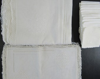 Vintage White Embroidered Banquet Tablecloth Set, Placemats, Napkins, 115x65, Rectangle