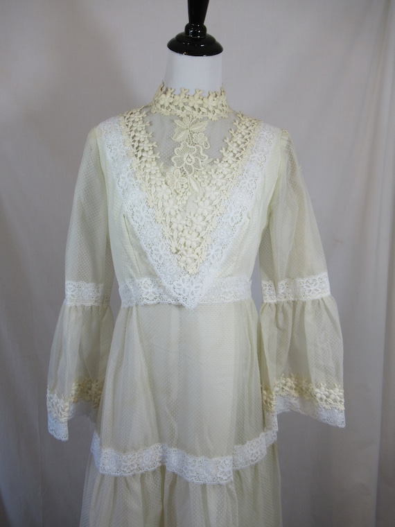 Vintage 70s Swiss Dot Prairie Wedding Dress, High… - image 1