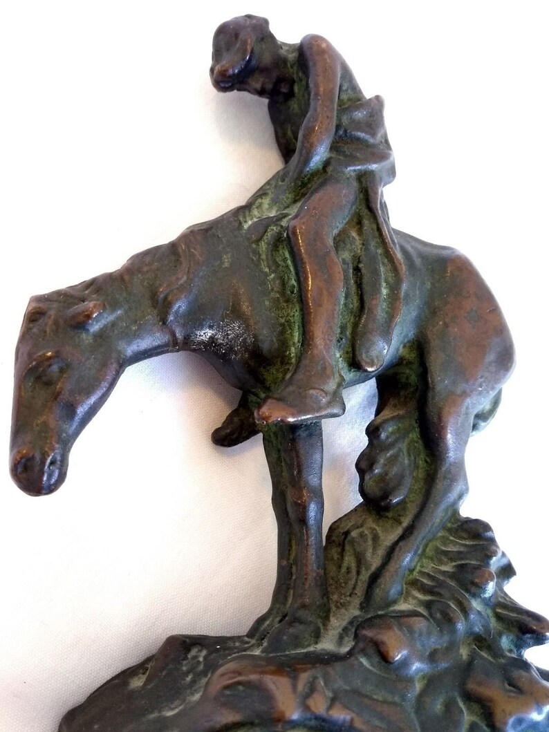 Vintage End of the Trail Faux Bronze With Patina Horse Statue Bookend