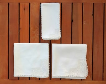 Vintage Square Linen Tablecloths & Napkin Set, Hand Crocheted Trim Edging