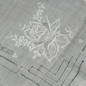 Vintage Intricate Embroidered Roses Drawn Thread White Linen Tablecloth, 64x98