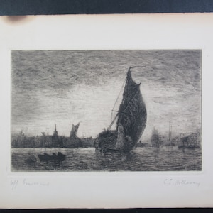 Charles Edward Holloway Gravesend England Original Etching, Pencil Signed, Antique, Art, Sailing, 1800s
