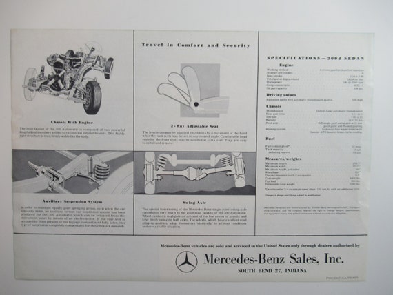 1950s Mercedes Benz Type 300d Spec Sheet, 4 Door Hardtop, Dealer