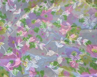 Vintage Flocked Sheer Floral Fabric, By The Yard