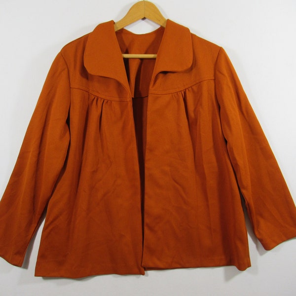 Vintage 70s Orange Polyester Shirt Jacket, Women, Open Front, Handmade, Shacket
