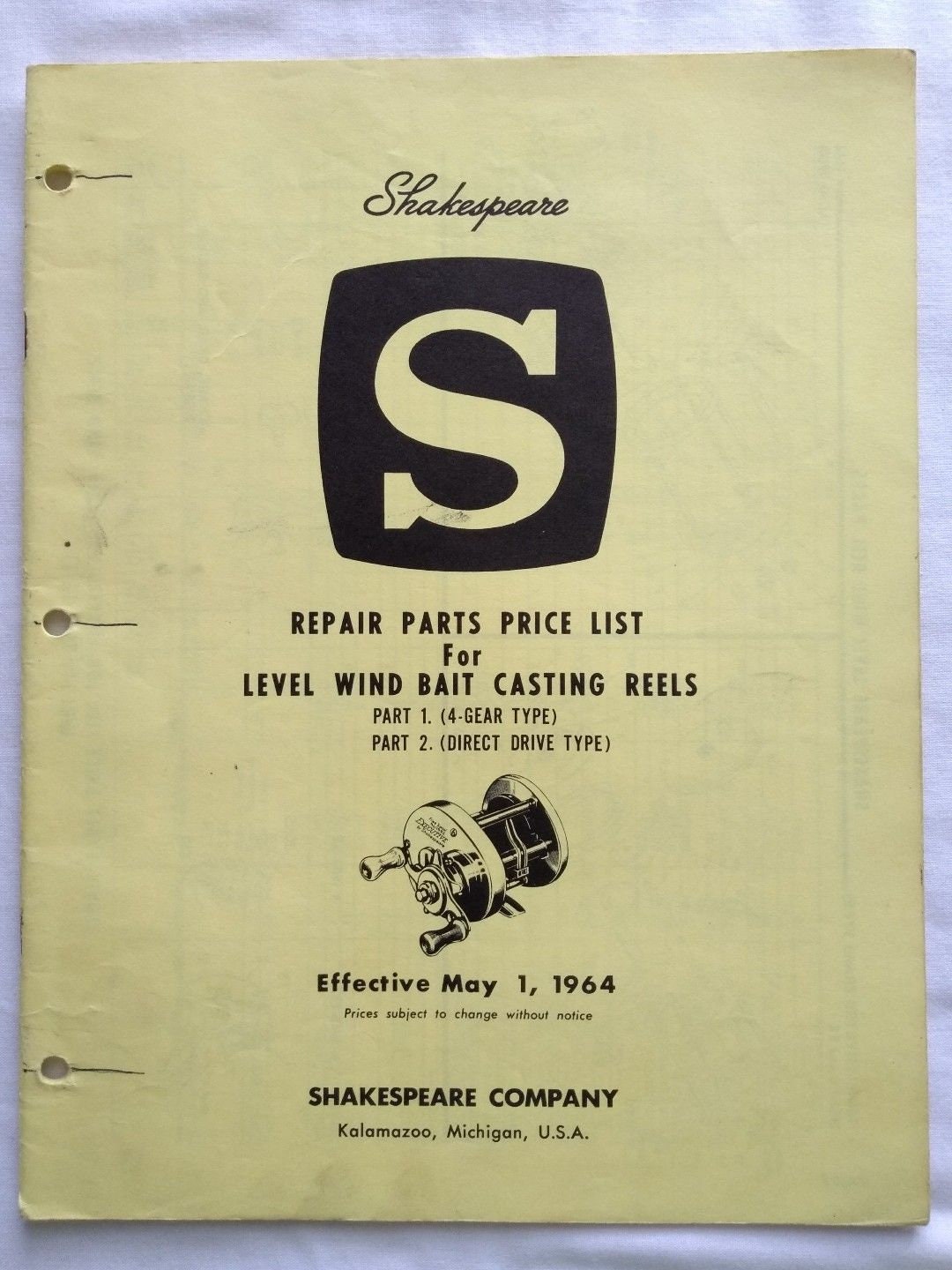 Vintage Shakespeare Casting Fishing Reel 1964 Repair Parts Price List