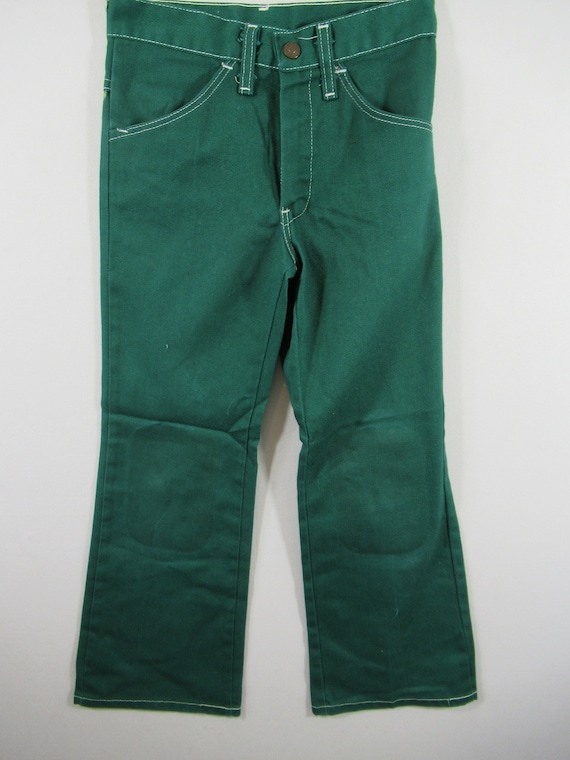 Vintage 70s Flare Leg Green Jeans, Boys, Handmade