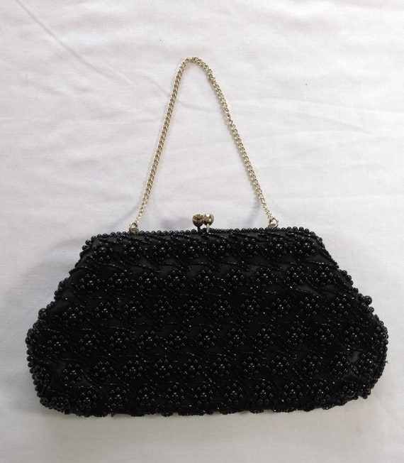 Vintage Black Satin Beaded Clutch Evening Dress P… - image 1