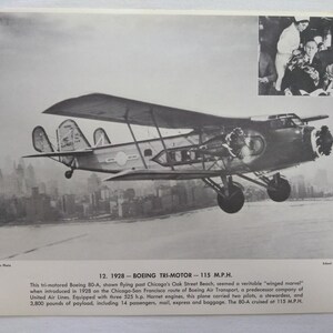 United Air Lines Boeing Tri Motor Airplane Print, 1928, Vintage