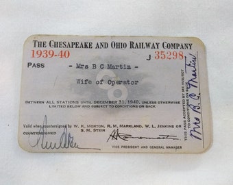 Chesapeake Ohio Railway Ticket Pass Wife of Operator, 1939, 1940, Train, Railroad