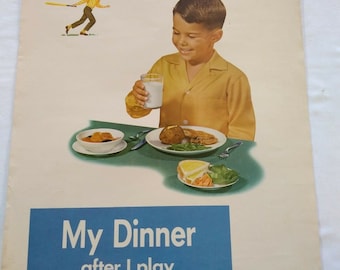 1950s National Dairy Council Dinner Milk Poster, Vintage, Advertising, Boy