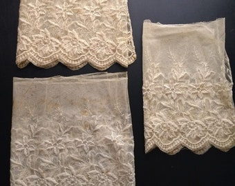 1800s Embroidered Wide 13" Lace Netting Trim, Salvage, Tambour, Antique, 19th Century