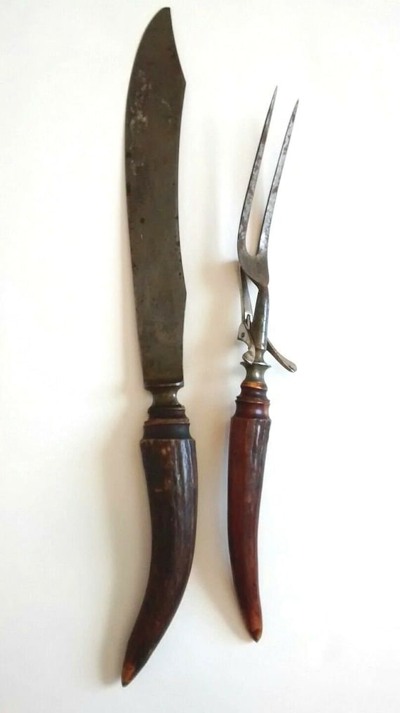 Norvell Shapleigh Diamond Edge Fork Knife Set Carved Bone Handles