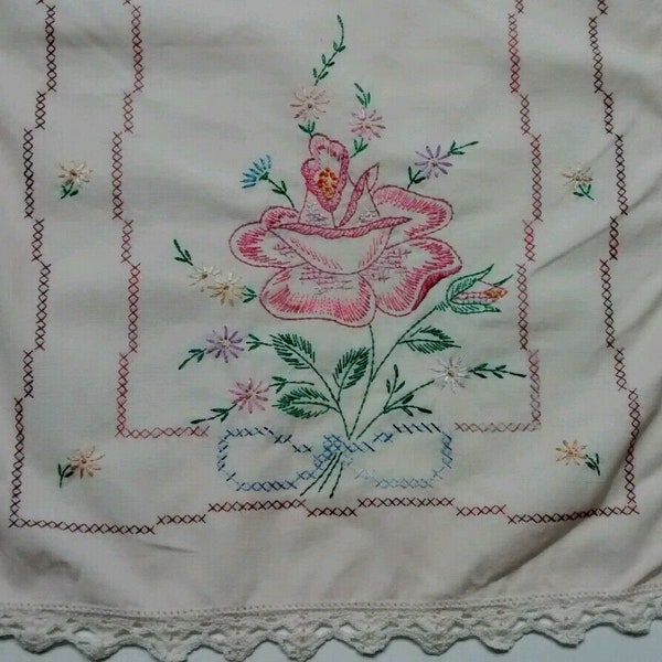 Pink Rose Table Runner, Cross Stitch, Ivory, Crocheted Lace Trim, Shabby, Cottage, Boho, Vintage