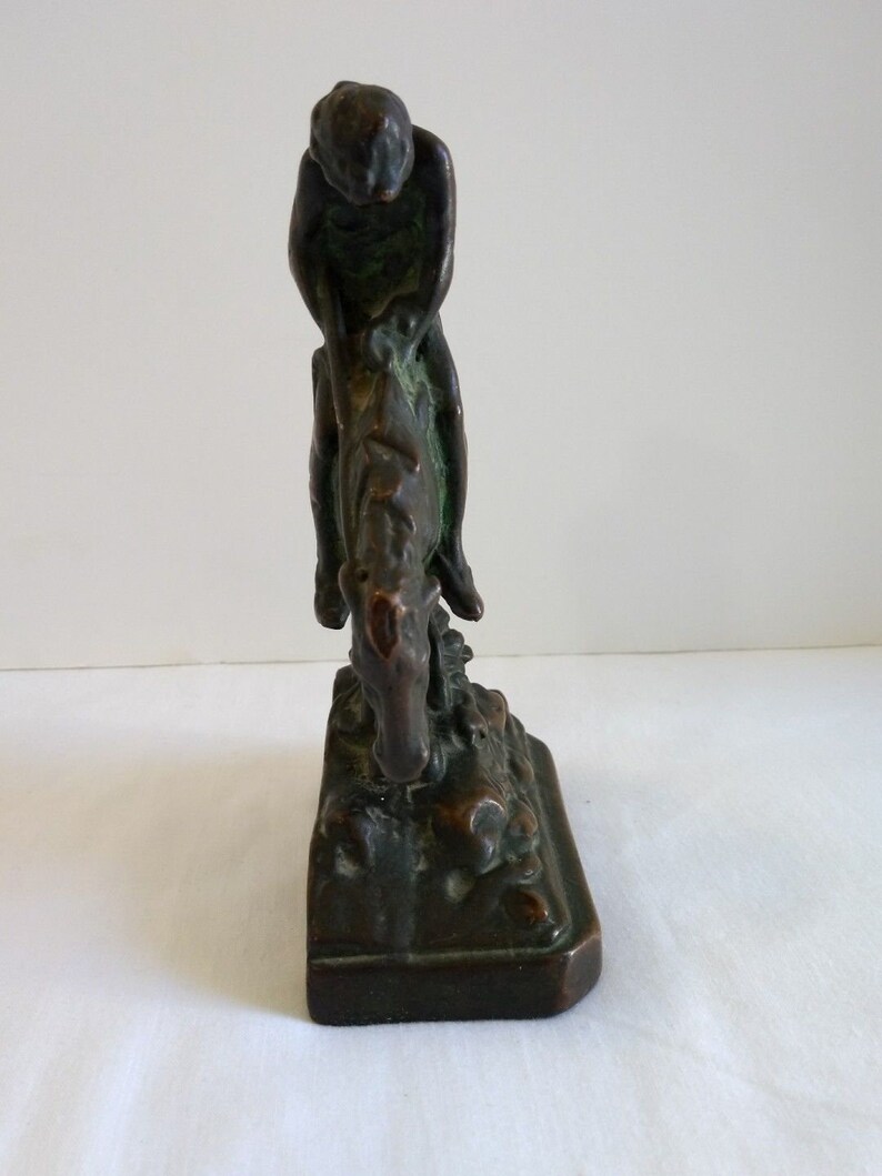 Vintage End of the Trail Faux Bronze With Patina Horse Statue Bookend