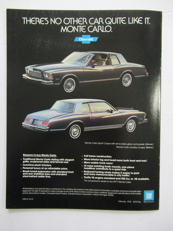  Folleto de Chevrolet Monte Carlo Publicidad de Chevy vintage