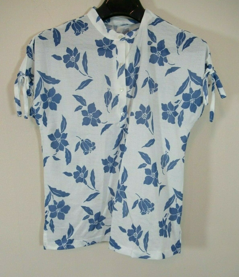 1970s Mandarin Collar Cap Split Sleeve Blouse Blue Tropical - Etsy