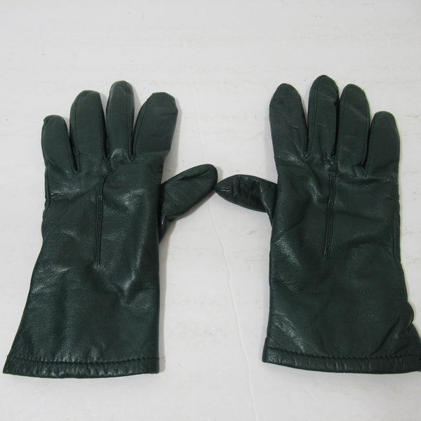 Vintage 80s Grandoe Faux Leather Green Womens Winter Gloves, Size 7