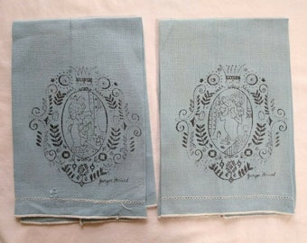 Georges Briard Poodle Blue Linen Tea Guest Towel Set, Vintage