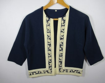 Vintage 50s 60s 3/4 Sleeve Open Wool Cardigan Sweater, Marvienne of Austria, Blue