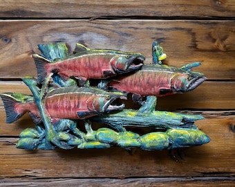 Coho Salmon Wood Carving, Alaska Fish Wall Art