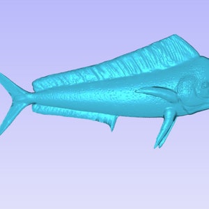 May include: A turquoise blue 3D printed model of a mahi-mahi fish. The fish is swimming to the right with its dorsal fin raised.