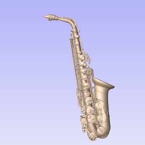 May include: A gold-colored saxophone with a silver-colored mouthpiece and keys. The saxophone is in a vertical position and is angled slightly to the right.