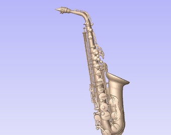 May include: A gold-colored saxophone with a silver-colored mouthpiece and keys. The saxophone is in a vertical position and is angled slightly to the right.