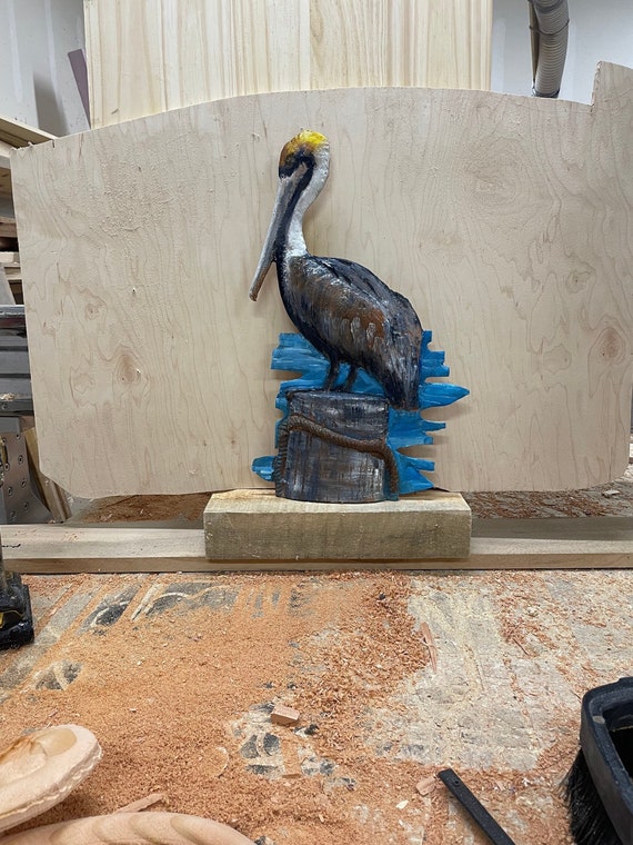 Carved Wooden Pelican Wall Art, Brown Pelican