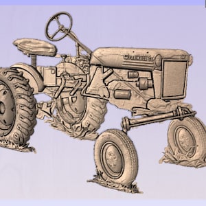 May include: A brown toy tractor with the word "FARMALL" on the side. The tractor has four wheels and a steering wheel. The tractor is sitting on a light brown surface.