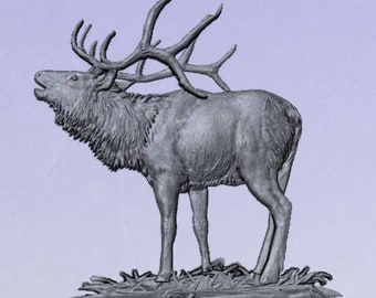 May include: A gray 3D printed model of an elk with large antlers. The elk is standing on a base of grass and twigs.