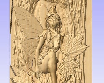 May include: A wood carving of a fairy with wings, a crown of leaves, and a dress made of leaves. The fairy is standing in front of a tree trunk with leaves on either side.