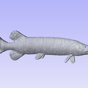 May include: A grey, 3D printed model of a fish, possibly a pike or a muskie. The fish is depicted in a swimming position with its mouth open and its fins spread out.