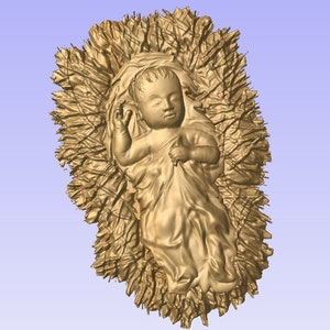 Puede incluir: Una escultura dorada de un bebé Jesús acostado en un pesebre, rodeado de paja. El bebé lleva una tela blanca y tiene los ojos cerrados.