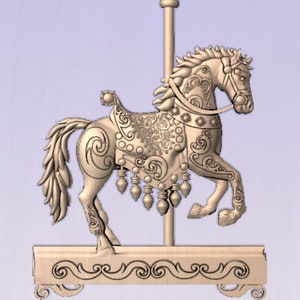 May include: A detailed wooden carousel horse with intricate carvings and a saddle. The horse is mounted on a wooden base with a decorative scroll design.