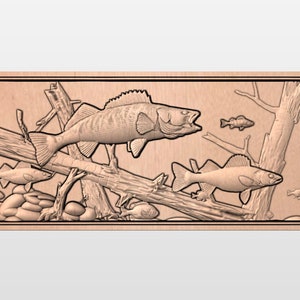 May include: A wood carving of three fish swimming in a stream. The fish are detailed and realistic, with scales and fins visible. The carving is set against a background of branches and leaves.