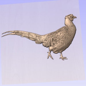 May include: A detailed, three-dimensional carving of a pheasant, rendered in a light brown color. The pheasant is depicted in a standing pose with its head turned to the side.