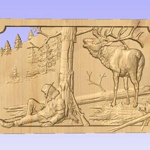May include: Wooden relief carving depicting a hunter resting against a tree, with a rifle nearby, and a large elk with impressive antlers. The background shows a forest scene with trees and a hillside. The carving is framed.